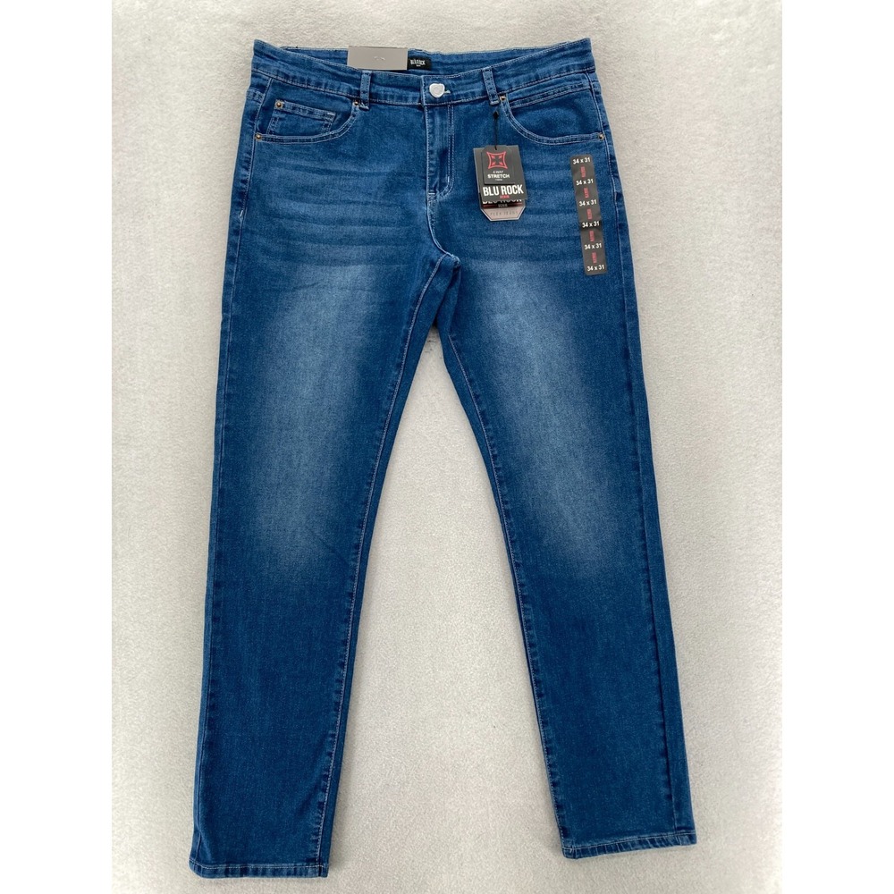 Blu Rock Slim Straight Jeans Mens 34x31 Medium Wash Blue Stretch Denim Grunge